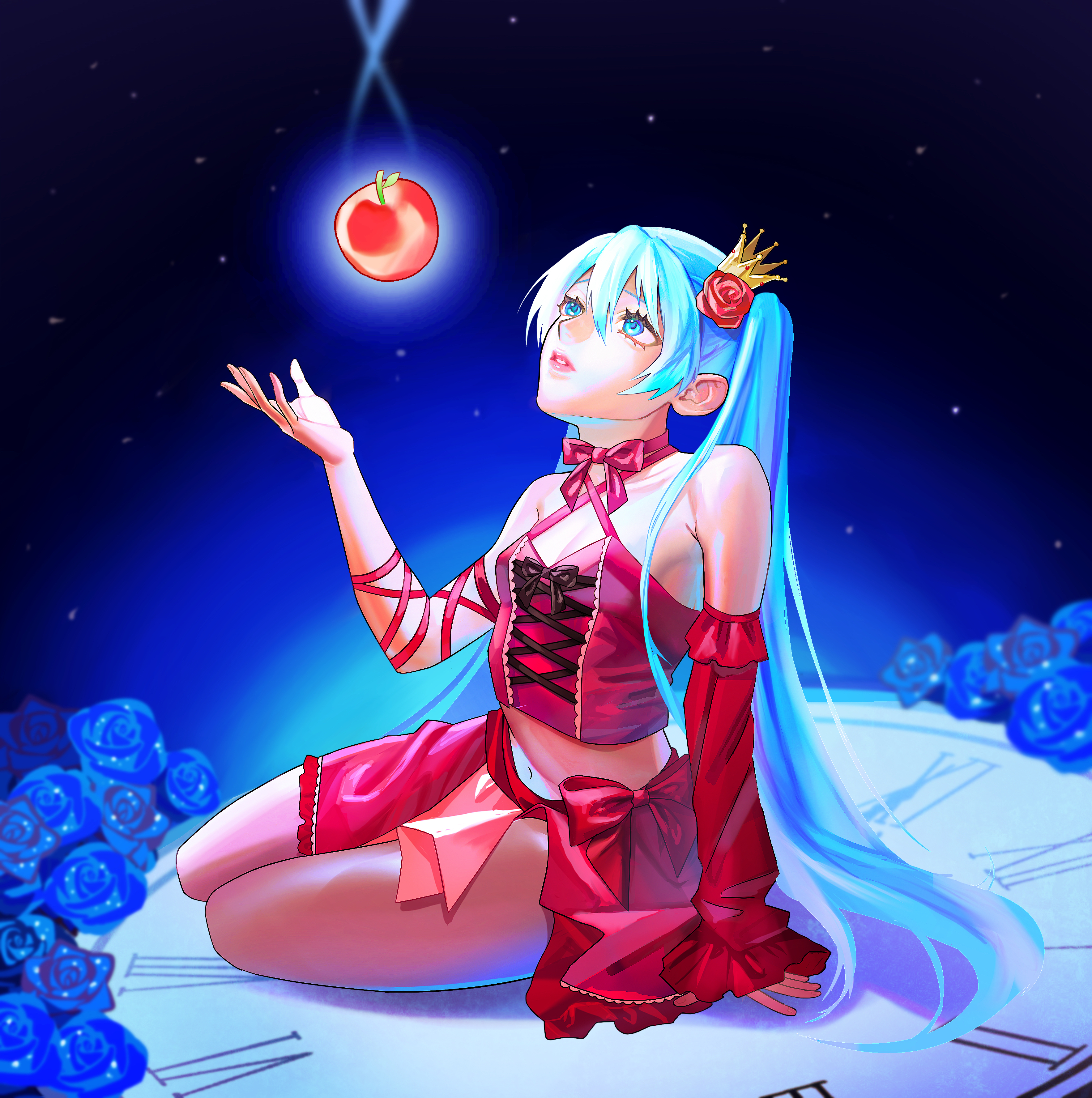 hatsune miku, hatsune miku (vintage dress), project diva (series), romeo to cinderella (vocaloid), absurdres, highres, 1girl, apple, aqua eyes, aqua hair, blue eyes, blue theme, crown, detached sleeves, flower, food, fruit, hair flower, hair ornament, long hair, midriff, navel, open mouth, ribbon, rose, skirt, solo, twintails, user wjuz8235, very long hair