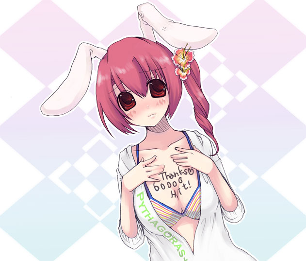 yuu (pythagoras+), original, 1girl, animal ears, blush, breasts, cleavage, female focus, flower, large breasts, milestone celebration, open clothes, pink hair, rabbit ears, red eyes, side ponytail, solo
