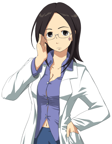 nagian, talho yuuki, eureka seven, eureka seven (series), 00s, 1girl, adjusting eyewear, bespectacled, breasts, brown hair, cleavage, female focus, glasses, hand in pocket, lab coat, medium breasts, navel, simple background, solo, white background