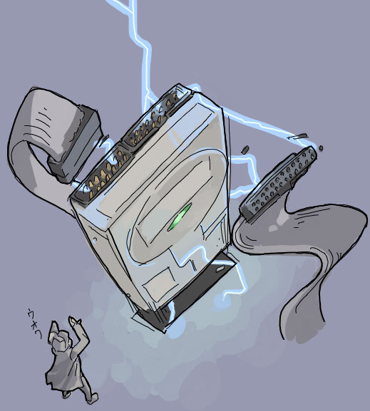 guuuu tarara, tagme, 1boy, cable, computer, grey background, hard drive, lightning, simple background, what