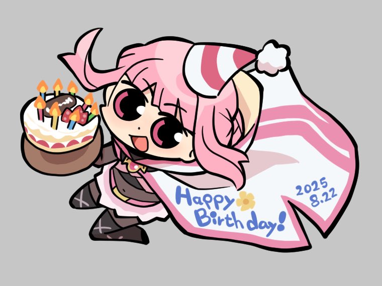 papa (shimeguru), tamaki iroha, magia record: mahou shoujo madoka magica gaiden, mahou shoujo madoka magica, 1girl, belt, belt buckle, birthday, birthday cake, black boots, black shirt, black shorts, blunt bangs, bodysuit, boots, braid, brooch, buckle, cake, candle, chibi, circle skirt, cloak, covered navel, crop top, dated, dot nose, fire, floating hair, food, fruit, gold buckle, grey background, happy, happy birthday, hat, holding, holding plate, hood, hood down, hooded cloak, jewelry, jumping, lace-up boots, light blush, long hair, looking ahead, magical girl, miniskirt, open mouth, party hat, pink belt, pink brooch, pink eyes, pink hair, pink hat, pink skirt, plate, pleated skirt, pom pom (clothes), shirt, shorts, shorts under skirt, side braids, simple background, skirt, smile, solo, strawberry, striped clothes, striped headwear, thigh boots, turtleneck, turtleneck shirt, twin braids, two-tone hat, white cloak, white hat