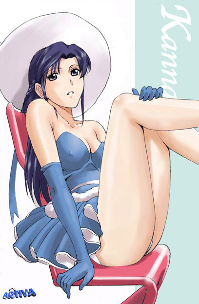 moriya naoki, toreishi kanna, idol defense force hummingbirds, long image, tall image, 1990s (style), 1girl, aqua background, arm support, artist name, bare shoulders, blue dress, blue gloves, blue hair, body blush, braid, breasts, chair, character name, cleavage, collarbone, dress, elbow gloves, female focus, fur trim, gloves, grey eyes, hat, knees, large breasts, leaning back, leg hold, legs, legs up, long hair, long legs, looking at viewer, miniskirt, on chair, panties, pantyshot, parted lips, purple hair, retro artstyle, shiny skin, sitting, skirt, solo, thighs, underwear, upskirt, watermark, white background, white panties