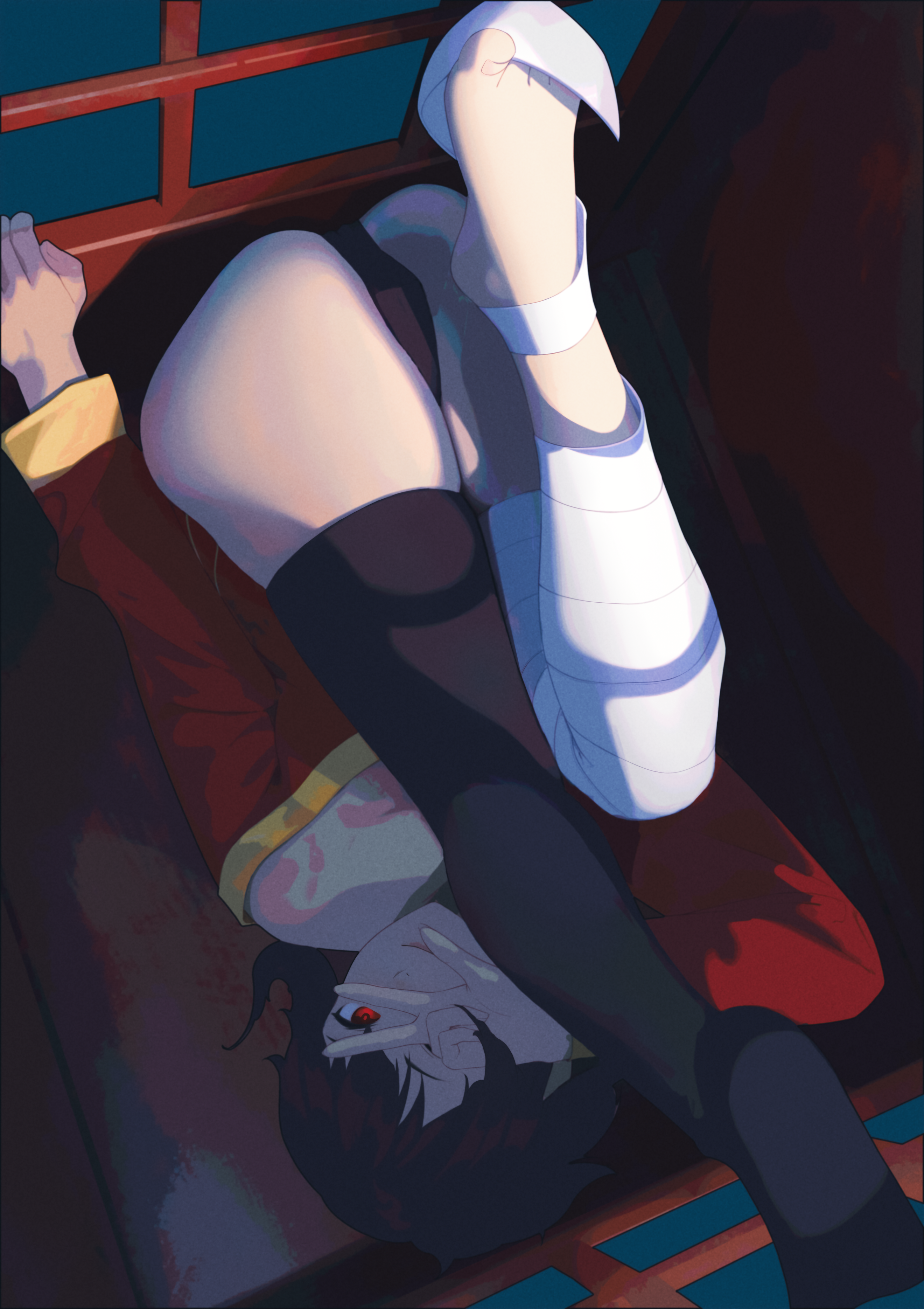 ynnk lc, megumin, kono subarashii sekai ni shukufuku wo!, absurdres, commentary request, highres, 1girl, ass, asymmetrical legwear, bandaged leg, bandages, black hair, black panties, closed mouth, dress, full body, indoors, legs up, long sleeves, looking at viewer, lying, mismatched legwear, off-shoulder dress, off shoulder, on back, panties, red dress, red eyes, short dress, short hair, single bare foot, single thighhigh, solo, thighhighs, thighs, toes, underwear, v, v over eye