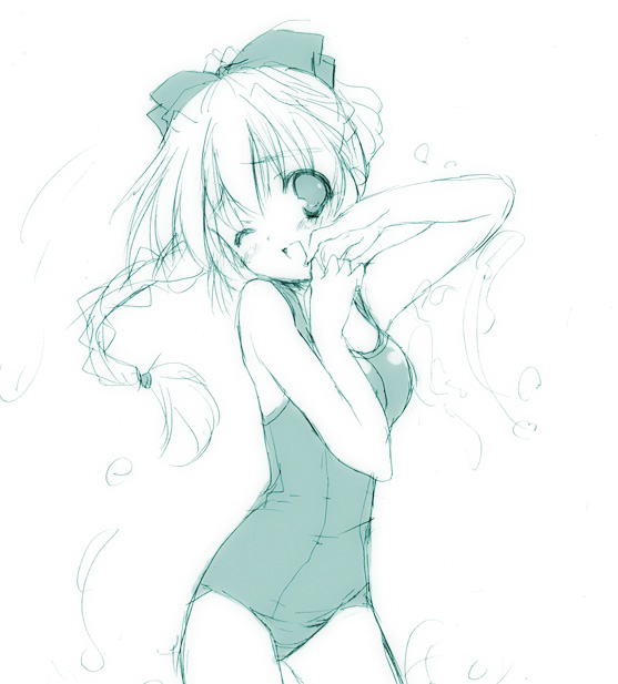 jo (overture), teletha testarossa, full metal panic!, 00s, 1girl, female focus, green theme, hair between eyes, monochrome, one-piece swimsuit, school swimsuit, simple background, solo, swimsuit, thighs, white background