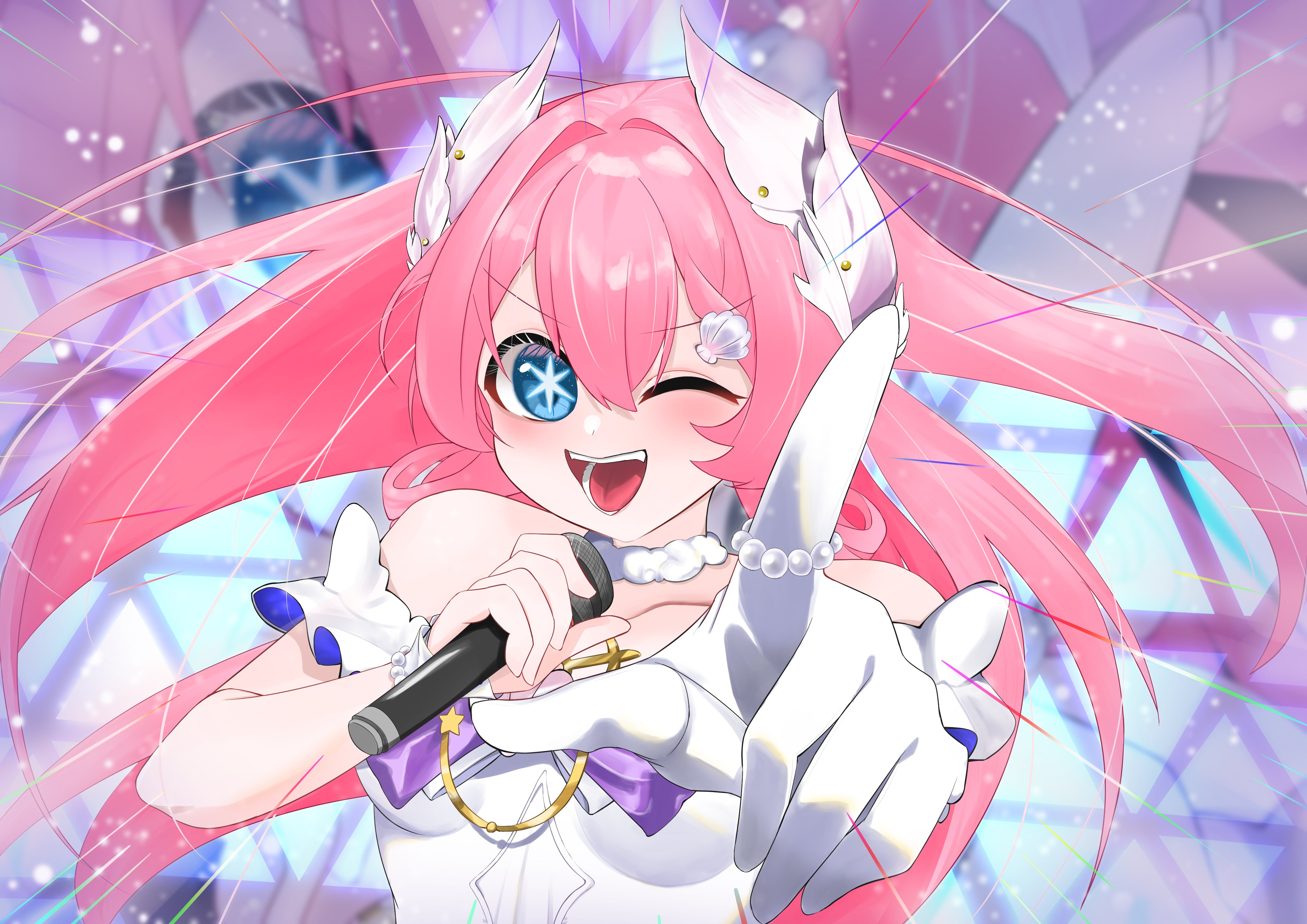 user kgkz2528, fate trigger: the novita, absurdres, highres, 1girl, blue eyes, hair ornament, hairpin, hand up, hands up, holding, holding microphone, long hair, looking at viewer, microphone, nase (trigger of fate the novita), one eye closed, open mouth, pink hair, solo