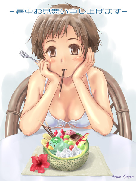 simon (kappa no kawanagare), 1girl, apple, banana, bikini, brown eyes, brown hair, cantalope, dessert, female focus, flower, food, fork, front-tie top, fruit, hibiscus, holding, holding fork, kappa, kiwi (fruit), melon, mouth hold, pocky, pudding, shochuumimai, short hair, solo, string bikini, swimsuit, whipped cream