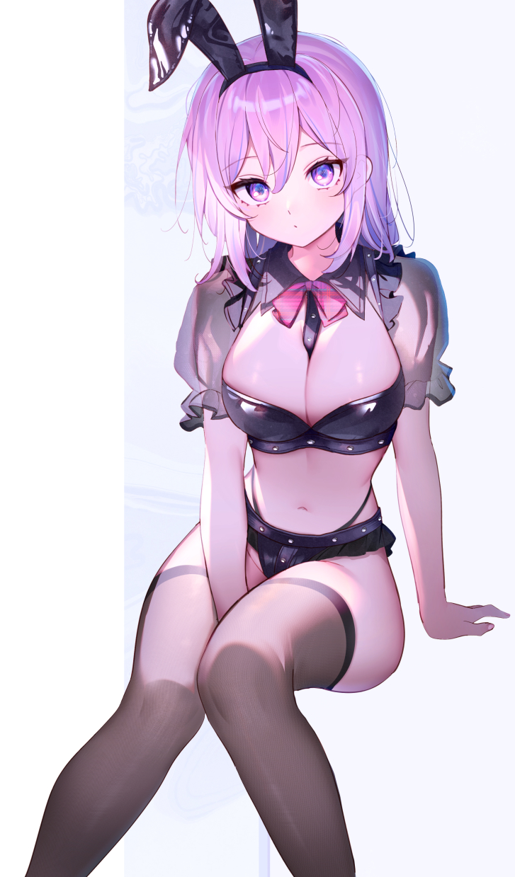 d omm, original, commentary request, highres, 1girl, animal ears, arm support, between legs, black hairband, black panties, black shorts, bow, breasts, brown thighhighs, cleavage, closed mouth, fake animal ears, feet out of frame, groin, hair between eyes, hairband, hand between legs, highleg, highleg panties, medium breasts, navel, panties, pink bow, pink hair, puffy short sleeves, puffy sleeves, purple eyes, rabbit ears, see-through clothes, see-through sleeves, short shorts, short sleeves, shorts, solo, thighhighs, underwear