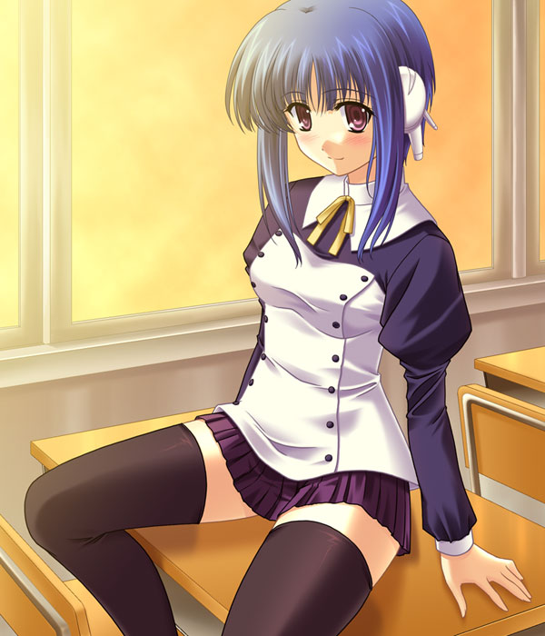 masakichi (crossroad), ilfa (to heart), to heart (series), to heart 2, 00s, 1girl, black thighhighs, blue hair, desk, female focus, robot ears, short hair with long locks, sitting, skirt, solo, thighhighs