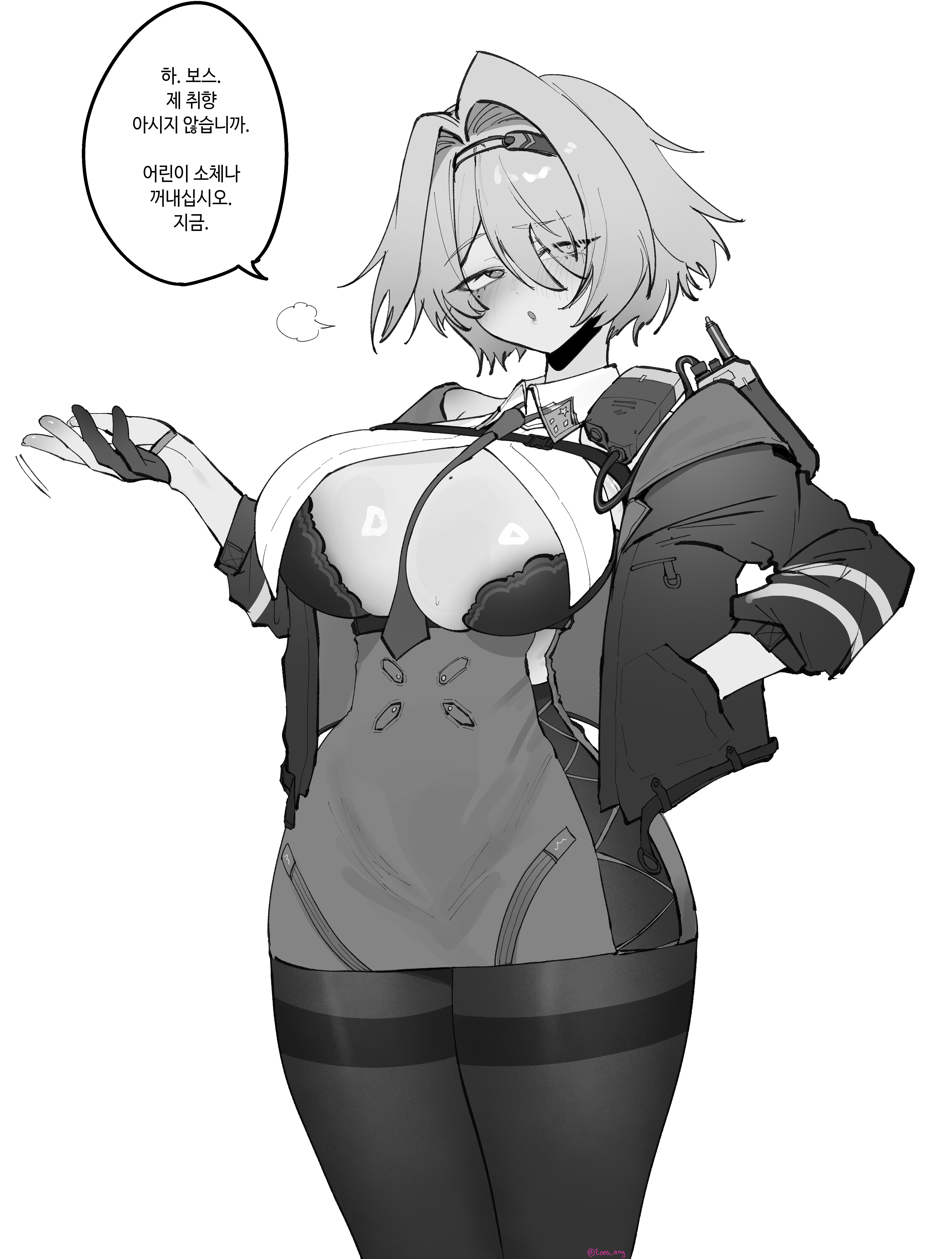 eonsang, nikketa (girls' frontline 2), vsk-94 (girls' frontline), girls' frontline, girls' frontline 2: exilium, absurdres, chinese commentary, commentary request, highres, translation request, 1girl, between breasts, blush, bra, breasts, gloves, greyscale, hair intakes, hair over one eye, hand in pocket, jacket, korean text, large breasts, looking at viewer, mole, mole on breast, mole under eye, monochrome, necktie, necktie between breasts, open clothes, open jacket, open mouth, pantyhose, short hair, skirt, solo, speech bubble, underwear