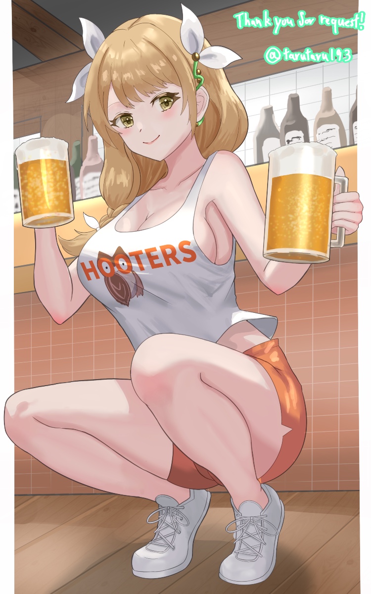 tarutaru193, goldmary (fire emblem), fire emblem, fire emblem engage, hooters, nintendo, commission, highres, vgen commission, 1girl, alcohol, alternate costume, bare shoulders, beer, beer mug, blush, braid, breasts, brown eyes, brown hair, cleavage, closed mouth, collarbone, cup, dolphin shorts, employee uniform, hair ribbon, holding, indoors, large breasts, long hair, looking at viewer, mug, orange shorts, ponytail, ribbon, shoes, short shorts, shorts, side ponytail, sideboob, smile, solo, squatting, tank top, waitress, white ribbon, white tank top, yellow eyes