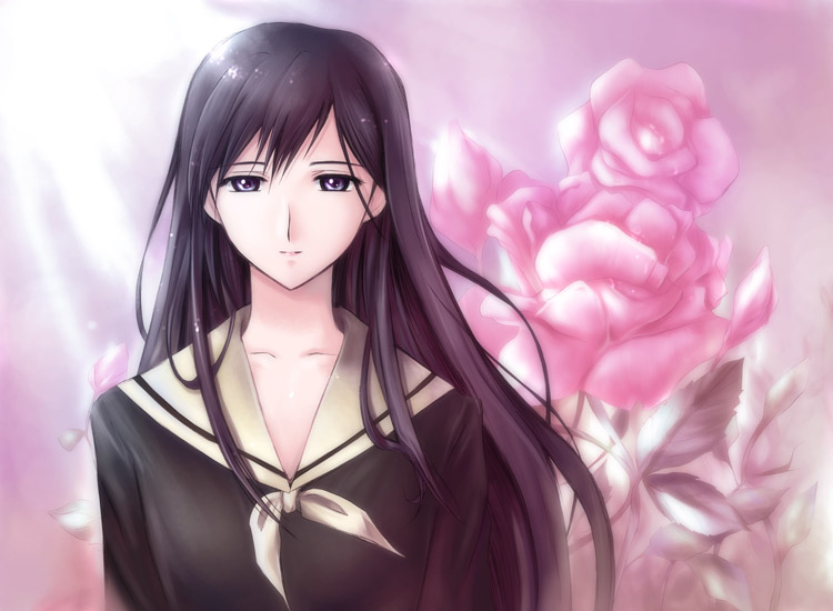 zundarepon, ogasawara sachiko, maria-sama ga miteru, 00s, 1girl, black hair, blue eyes, female focus, flower, light rays, long hair, pink flower, pink rose, rose, school uniform, serafuku, smile, solo, sunbeam, sunlight