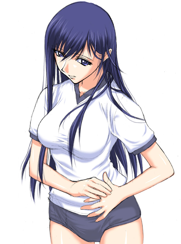 ogasawara sachiko, maria-sama ga miteru, 00s, 1girl, buruma, female focus, gym uniform, hair between eyes, head tilt, simple background, solo, thighs, white background