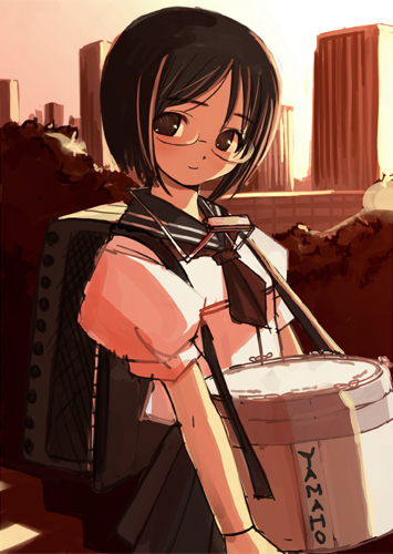 lowres, drum, glasses, instrument, music, pleated skirt, school uniform, serafuku, short hair, skirt, snare drum, solo, sunset