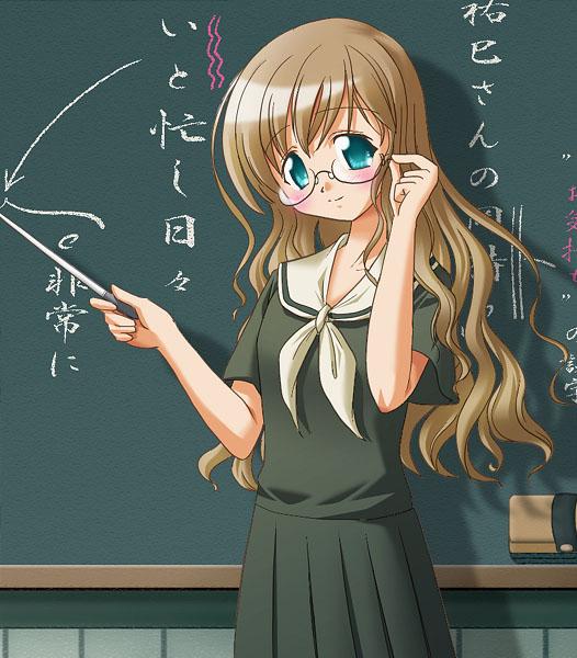 nekono matatabi, toudou shimako, maria-sama ga miteru, cropped, 00s, 1girl, bespectacled, blush, brown hair, chalkboard, female focus, glasses, green eyes, long hair, pointer, school uniform, solo, teacher, wavy hair