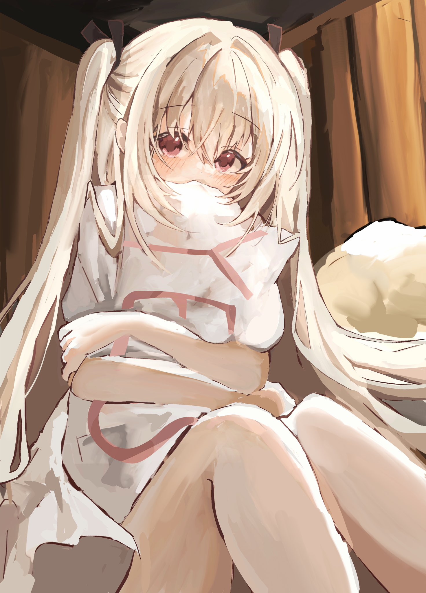 shiro rei419, atri, atri-my dear moments-, commentary request, highres, 1girl, black ribbon, blush, brown hair, covered mouth, curtains, feet out of frame, hair between eyes, hair intakes, hair over shoulder, hair ribbon, hugging object, indoors, knees up, long hair, looking at viewer, pillow, pillow hug, red eyes, ribbon, shy, sidelocks, sitting, solo, two side up, very long hair, yes, yes-no pillow