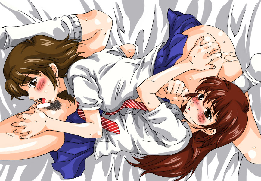 watage (tondeke watage), doi shizuha, nakamura ayamo, stratos 4, duplicate, 00s, 2girls, 69, ass, bar censor, blush, brown eyes, brown hair, censored, cunnilingus, female pubic hair, grabbing another's ass, groping, multiple girls, oral, pleated skirt, pubic hair, pussy, pussy juice, school uniform, serafuku, short hair, skirt, yuri