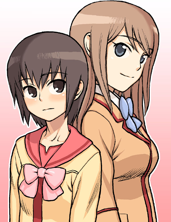 hijiri rei, ginga kuon, kutsugi kotoha, gokujou seitokai, md5 mismatch, 00s, 2girls, blonde hair, blush, bow, multiple girls, school uniform, serafuku