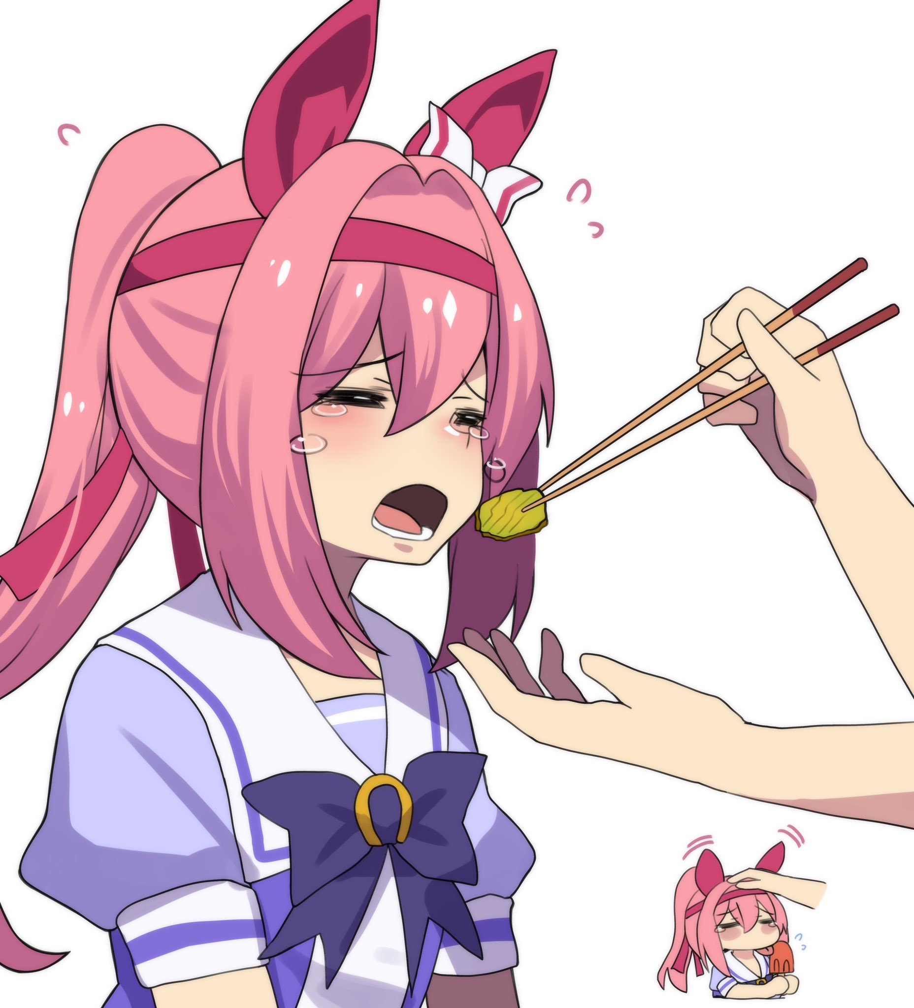 hinghoi, haru urara (umamusume), umamusume, highres, 1girl, animal ears, blush, bow, chopsticks, ear bow, ear covers, food, headband, headpat, holding, holding chopsticks, holding with chopsticks, horse ears, horse girl, horse tail, horseshoe ornament, long hair, open mouth, pickle, pink hair, pink headband, ponytail, popsicle, red headband, school uniform, shirt, tail, tracen school uniform