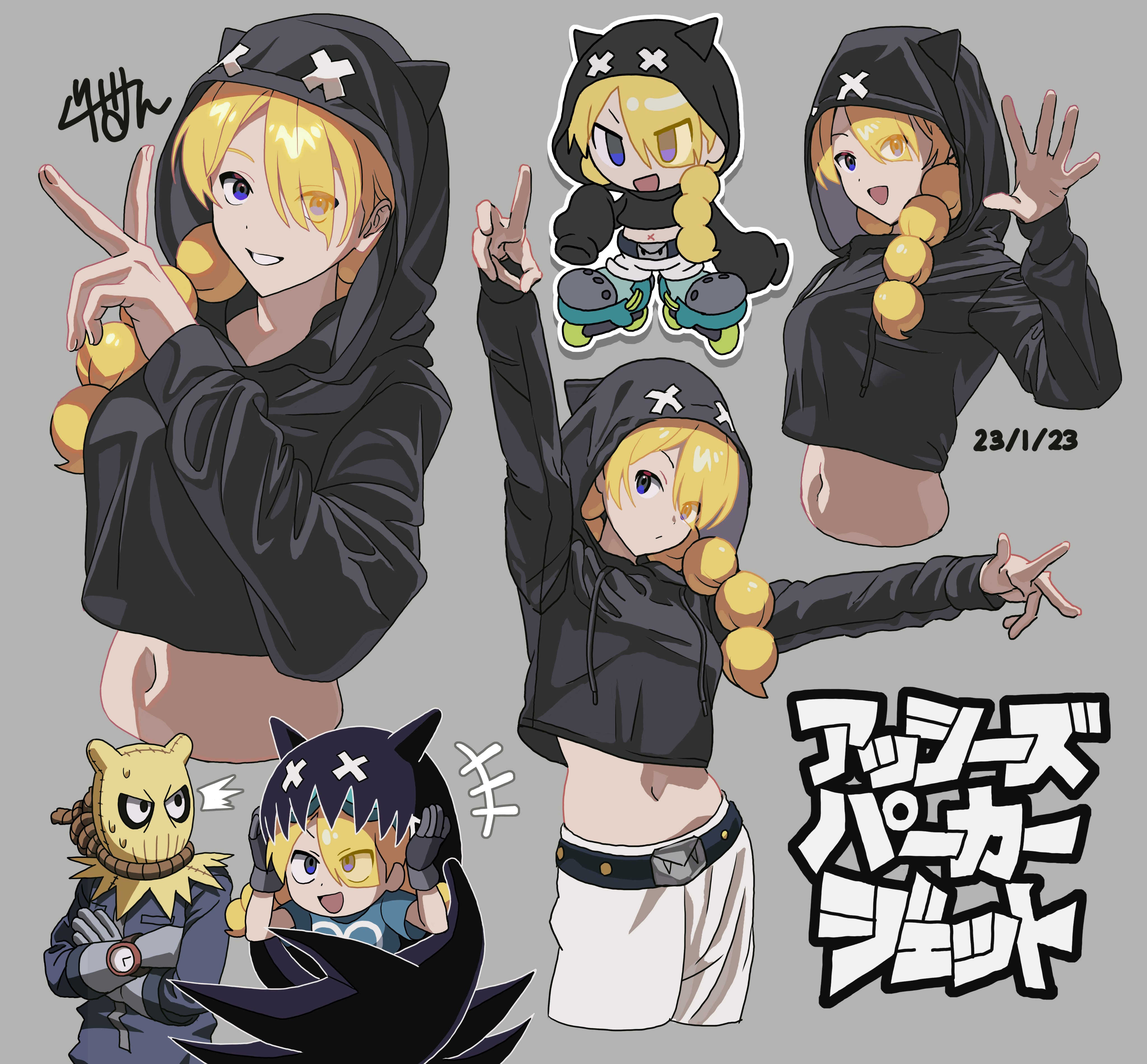 moffumofu0000, jet (lethal league), lethal league blaze, absurdres, highres, 1boy, 1girl, :d, ashes (lethal league), belt, black belt, black hoodie, blonde hair, blue eyes, braid, breasts, character cutout, chibi, chibi inset, cropped hoodie, crossed arms, dated, dust (lethal legue), gloves, grey background, grey gloves, grin, hair over shoulder, hood, hoodie, living shadow, long hair, mask, midriff, navel, open mouth, pants, smile, sweatdrop, twin braids, watch, white pants, x x