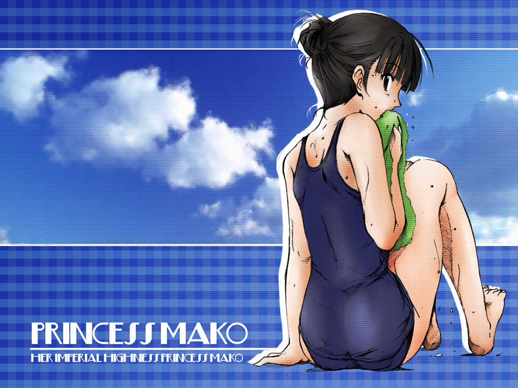 mako-hime, princess mako, real life, plaid, 1girl, ahoge, animification, arm support, ass, back, barefoot, black eyes, black hair, blunt bangs, cloud, covering own mouth, day, feet, female focus, from behind, hair bun, hair up, hand over own mouth, looking back, one-piece swimsuit, real life insert, school swimsuit, short hair, single hair bun, sitting, sky, solo, swimsuit, towel, wet