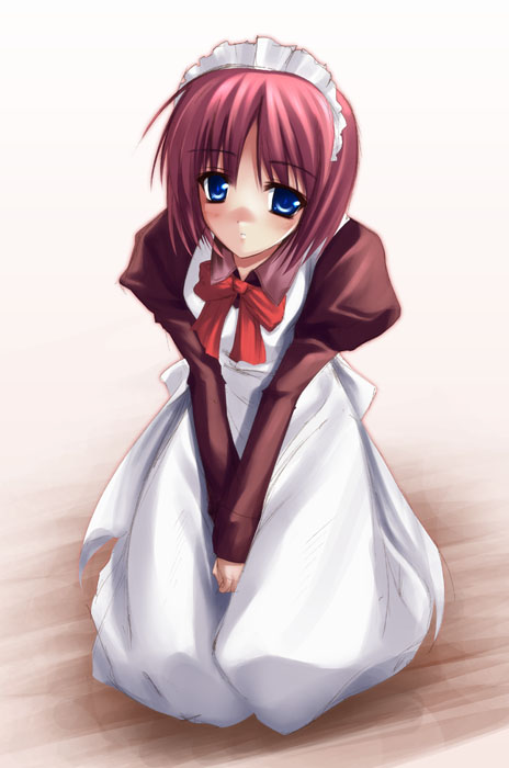 hisui (tsukihime), tsukihime, 00s, apron, blue eyes, bow, hairband, kneeling, maid, maid apron, pink hair, solo