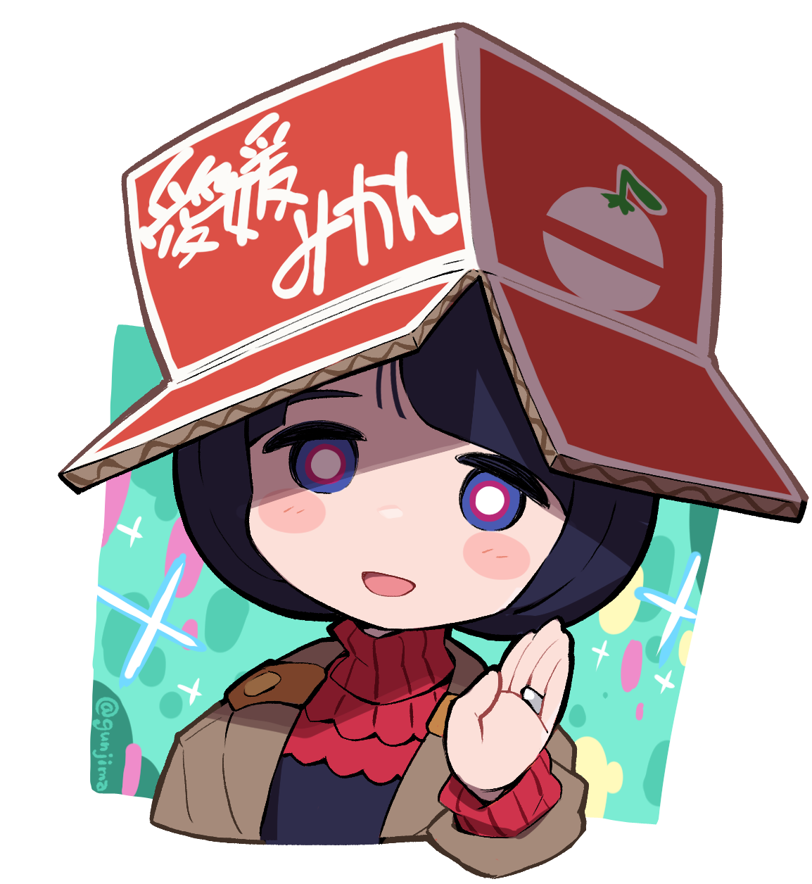 gunjima souichirou, shiiko sugai, gundam, gundam gquuuuuux, commentary request, highres, 1girl, artist name, black hair, blue eyes, blush, blush stickers, bob cut, box, brown jacket, cardboard box, jacket, long sleeves, looking at viewer, open mouth, shirt, short hair, smile, solo, turtleneck, twitter username, upper body