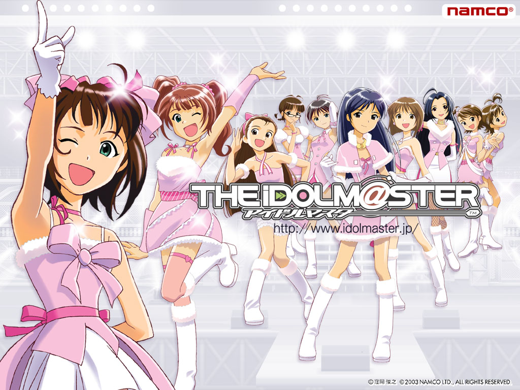 kubooka toshiyuki, akizuki ritsuko, amami haruka, futami ami, futami mami, hagiwara yukiho, kikuchi makoto, kisaragi chihaya, minase iori, miura azusa, takatsuki yayoi, idolmaster, idolmaster (classic), idolmaster 1, official art, official wallpaper, 00s, 6+girls, cute & girly (idolmaster), everyone, idol, multiple girls, one eye closed, siblings, sisters, snow strawberry, standing, twins, wink