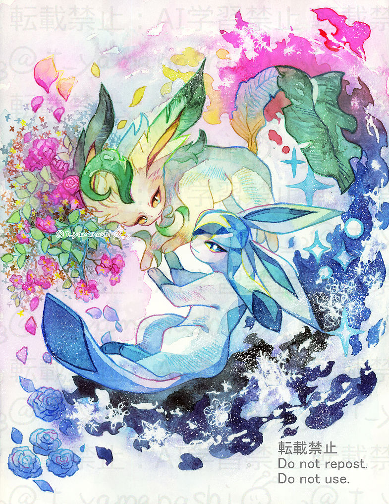 yamanashi taiki, glaceon, leafeon, nintendo, pokemon, blue eyes, blue flower, blue rose, brown eyes, closed mouth, flower, gen 4 pokemon, leaf, no humans, pokemon (creature), rose, smile, snowflakes, star (symbol), twitter username