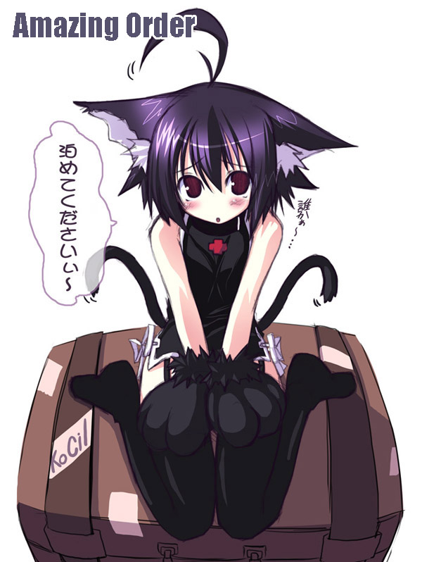 senmu (senmudayo), uracil, born freaks!, translated, 1girl, ahoge, animal ears, black thighhighs, brown eyes, cat ears, cat tail, female focus, garter belt, multiple tails, purple hair, simple background, solo, suitcase, tail, tail wagging, thighhighs