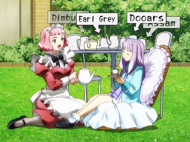 himeno fumi, kazahana mashiro, my-hime, light purple hair, anime screenshot, 00s, 2girls, apron, armchair, arrow (symbol), ascot, bobby socks, bush, chair, cup, day, english text, grass, head tilt, legs, long hair, maid, maid apron, maid headdress, multiple girls, neck ribbon, outdoors, pink hair, puffy sleeves, ribbon, seiza, shoes, short hair, sitting, smile, socks, table, tea, teacup, teapot, very long hair