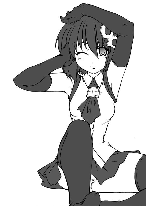 45acp, 98-tan, os-tan, bob cut, greyscale, monochrome, one eye closed, panties, pantyshot, solo, thighhighs, underwear, wink, zettai ryouiki