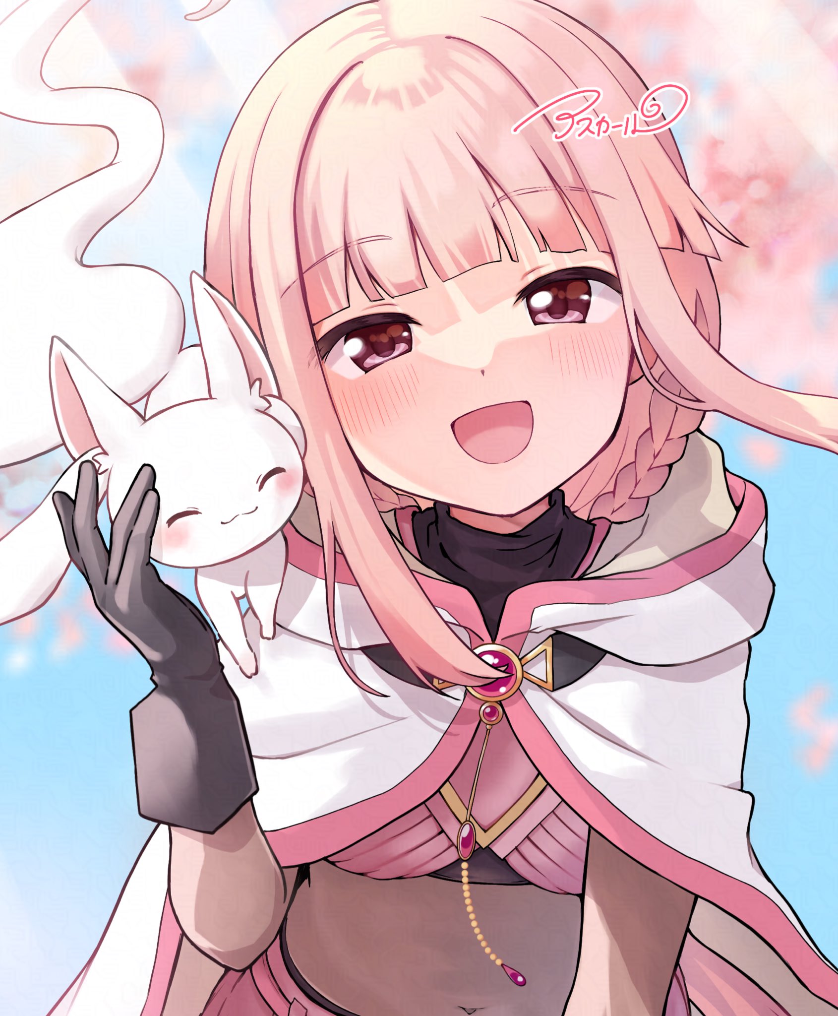 asukaru (magika ru), small kyubey, tamaki iroha, magia record: mahou shoujo madoka magica gaiden, mahou shoujo madoka magica, highres, 1girl, black gloves, black shirt, black shorts, blue sky, blunt bangs, bodystocking, braid, brooch, cherry blossoms, cloak, covered navel, cowboy shot, creature, creature on shoulder, day, dot nose, floating hair, gloves, hair through hood, happy, hood, hood down, hooded cloak, jewelry, leaning forward, light blush, light rays, long hair, looking at viewer, low ponytail, magical girl, on shoulder, open mouth, outdoors, petting, pink brooch, pink eyes, pink hair, pink skirt, pleated skirt, ponytail, shirt, shorts, shorts under skirt, side braids, sidelocks, signature, skirt, sky, smile, spring (season), sunlight, tree, turtleneck, turtleneck shirt, twin braids, white cloak, wind