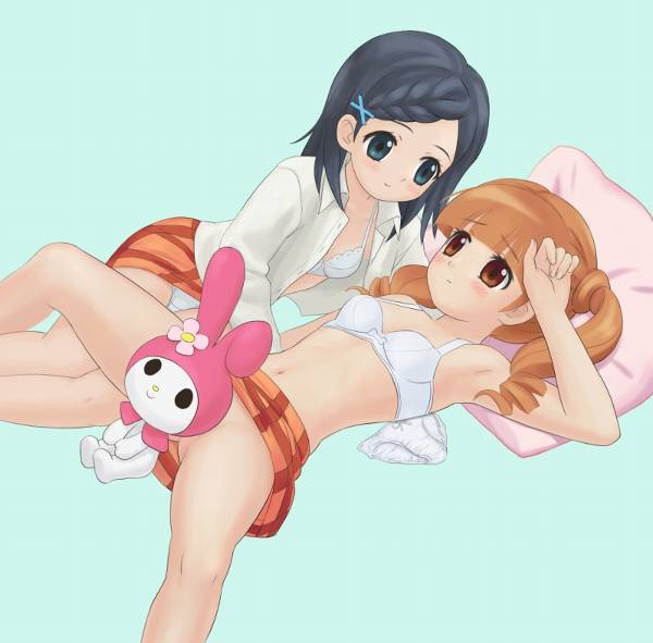 kiku (popolina), my melody, sakurazuka miki, yumeno uta, onegai my melody, sanrio, jpeg artifacts, 00s, 2girls, armpits, blouse, bra, censored, convenient censoring, lingerie, multiple girls, no panties, open clothes, open shirt, school uniform, serafuku, shirt, spread legs, underwear, yuri