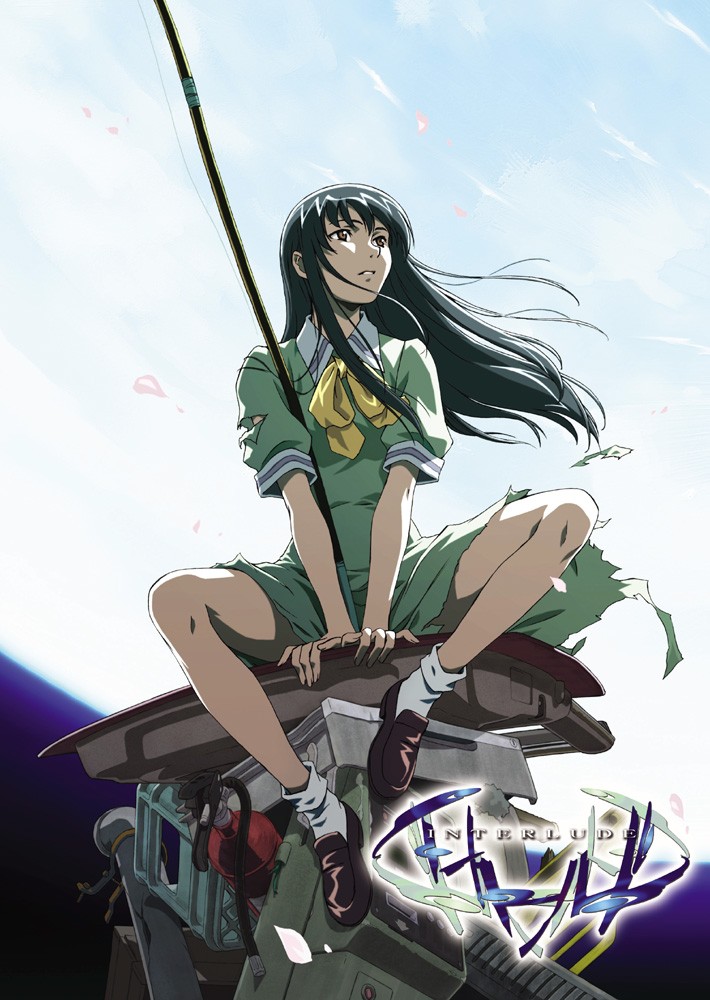 horibe hiderou, watsuji aya, interlude, 00s, black hair, brown eyes, collared dress, dress, full moon, long hair, moon, petals, sailor dress, school uniform, serafuku, sitting, socks, solo, torn clothes, torn dress, wind
