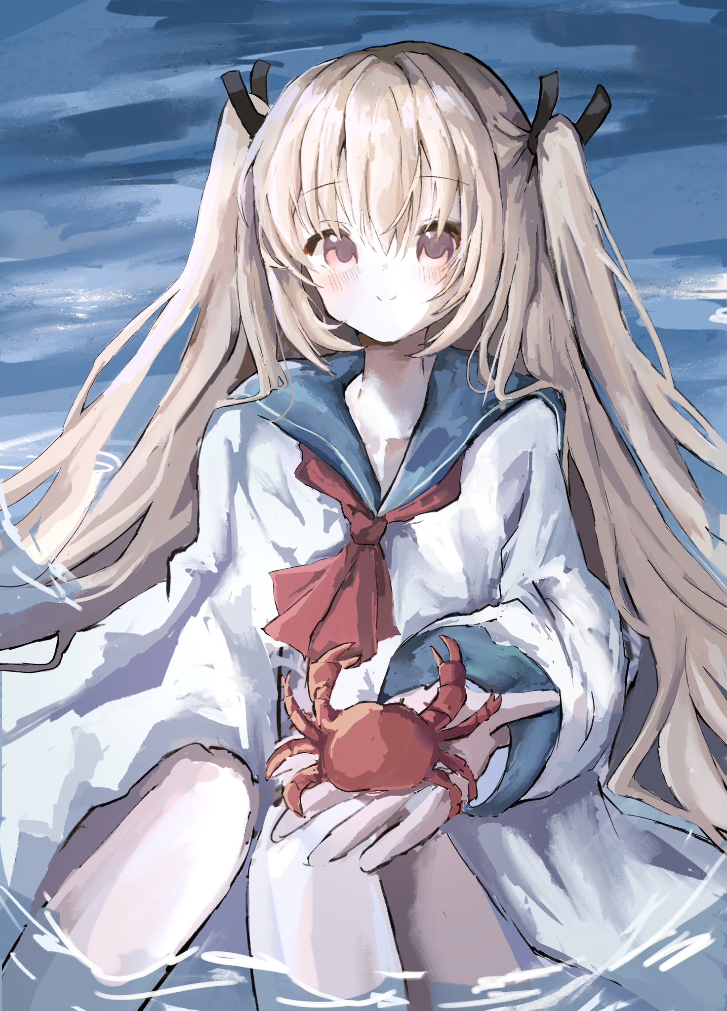 shiro rei419, atri, atri-my dear moments-, commentary request, highres, 1girl, animal, ascot, black ribbon, blue sailor collar, blush, brown hair, closed mouth, crab, day, dress, feet out of frame, hair between eyes, hair over shoulder, hair ribbon, hair spread out, hand up, happy, holding, holding animal, knees up, long hair, long sleeves, looking at viewer, ocean, outdoors, red ascot, red eyes, ribbon, sailor collar, sailor dress, sidelighting, sidelocks, sitting, smile, solo, split mouth, two side up, very long hair, water, white dress, wide sleeves