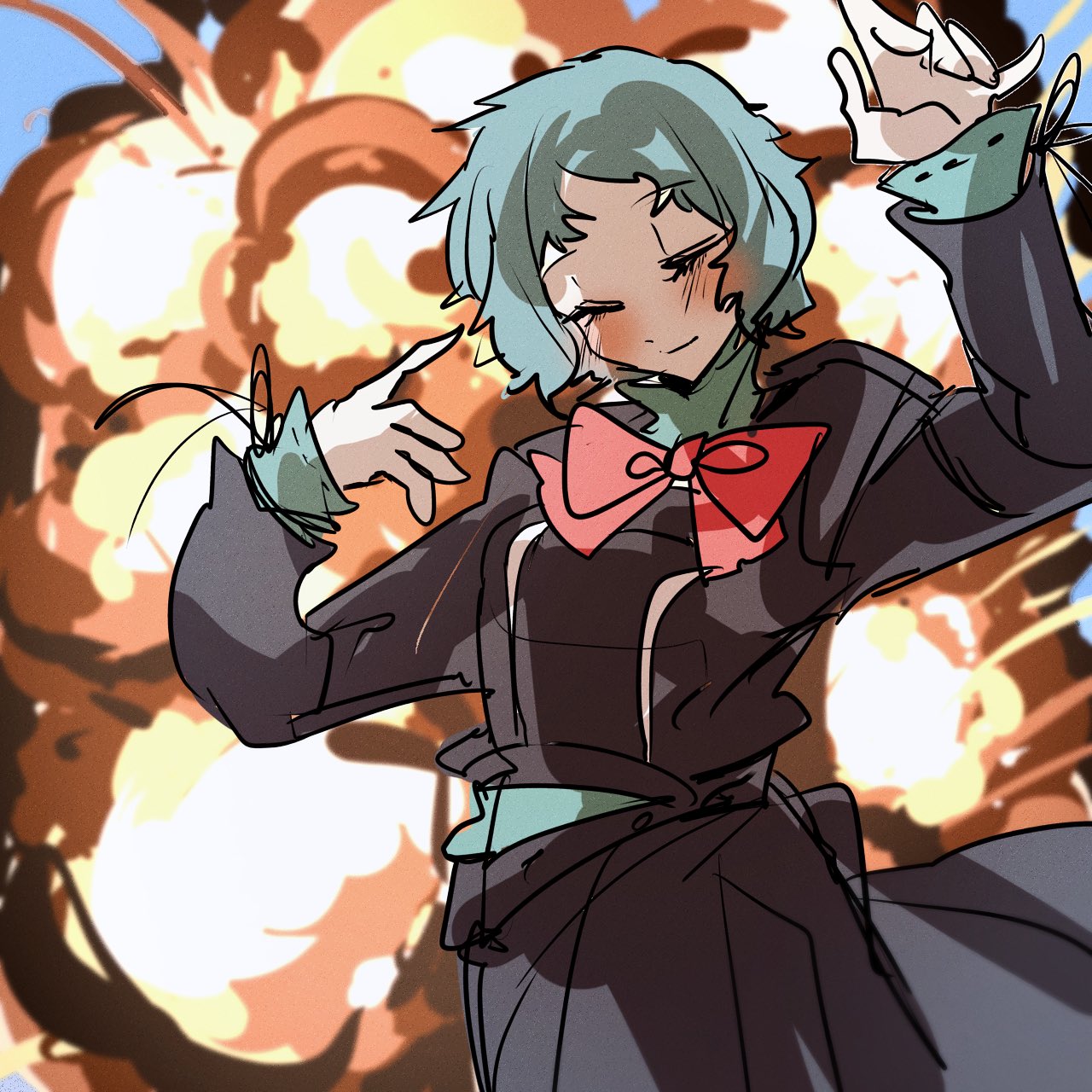 yuyuy 00, yamagishi fuuka, persona, persona 3, highres, 1girl, aqua collar, aqua hair, aqua sash, black jacket, black skirt, blue sky, blush, bob cut, bow, breasts, closed eyes, closed mouth, collar, explosion, explosion background, explosion gag, gekkoukan high school uniform, hands up, jacket, long sleeves, red bow, sash, school uniform, short hair, skirt, sky, small breasts, smile, solo, standing, upper body