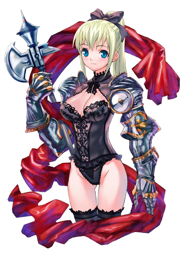1girl, armor, axe, black panties, black thighhighs, blonde hair, blue eyes, breasts, cleavage, fantasy, female focus, highleg, highleg panties, large breasts, lingerie, long hair, panties, pauldrons, ponytail, shoulder armor, solo, thigh gap, thighhighs, thighs, underwear, warrior, weapon
