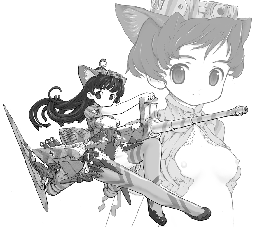 vehicle, 2girls, animal ears, bird, breasts, breasts out, cat ears, crossed legs, duck, floating hair, from side, full body, greyscale, gun, headgear, knee up, lace, light smile, long hair, looking at viewer, mecha musume, military, military vehicle, mini person, minigirl, monochrome, motor vehicle, multiple girls, nipples, open clothes, outstretched arm, personification, ribbon, short hair, short sleeves, simple background, sitting, small breasts, smile, tank, thighhighs, turtleneck, upper body, weapon, world war ii