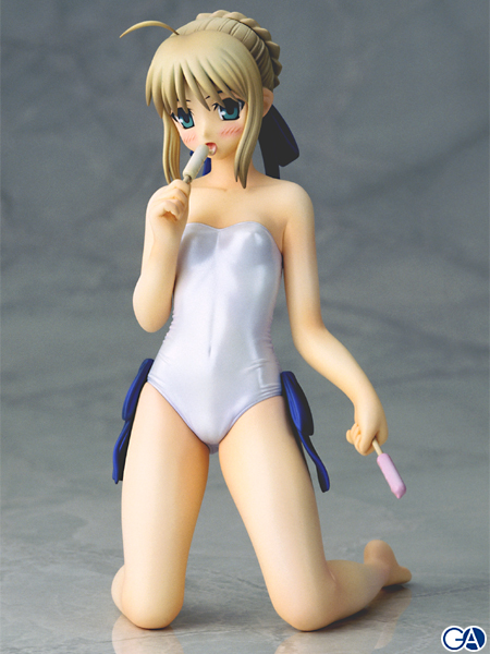 artoria pendragon (fate), saber (fate), fate/stay night, fate (series), photo (medium), 00s, bare shoulders, barefoot, casual one-piece swimsuit, figure, food, kneeling, one-piece swimsuit, popsicle, school swimsuit, swimsuit