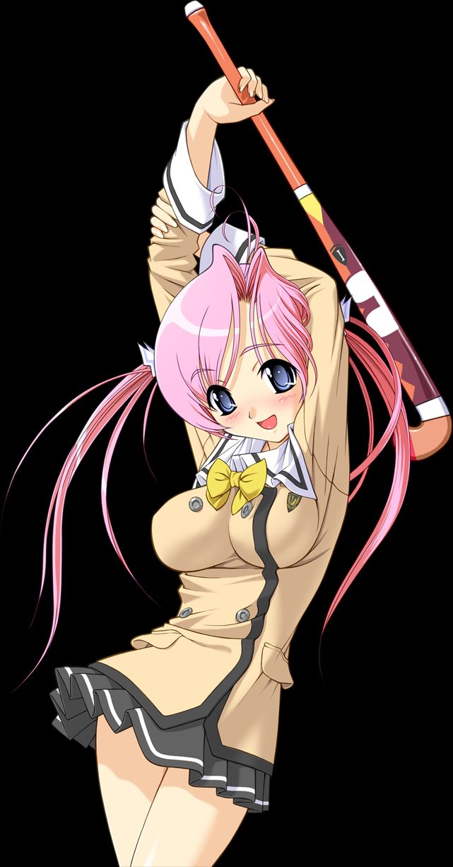 toma (asagayatei), yakushiji hime, ayakashi, game cg, highres, 00s, 1girl, arms up, blazer, blue eyes, blush, breasts, dark, female focus, hockey, hockey stick, impossible clothes, impossible shirt, jacket, large breasts, pink hair, pleated skirt, racket, school uniform, shirt, simple background, skirt, solo, twintails
