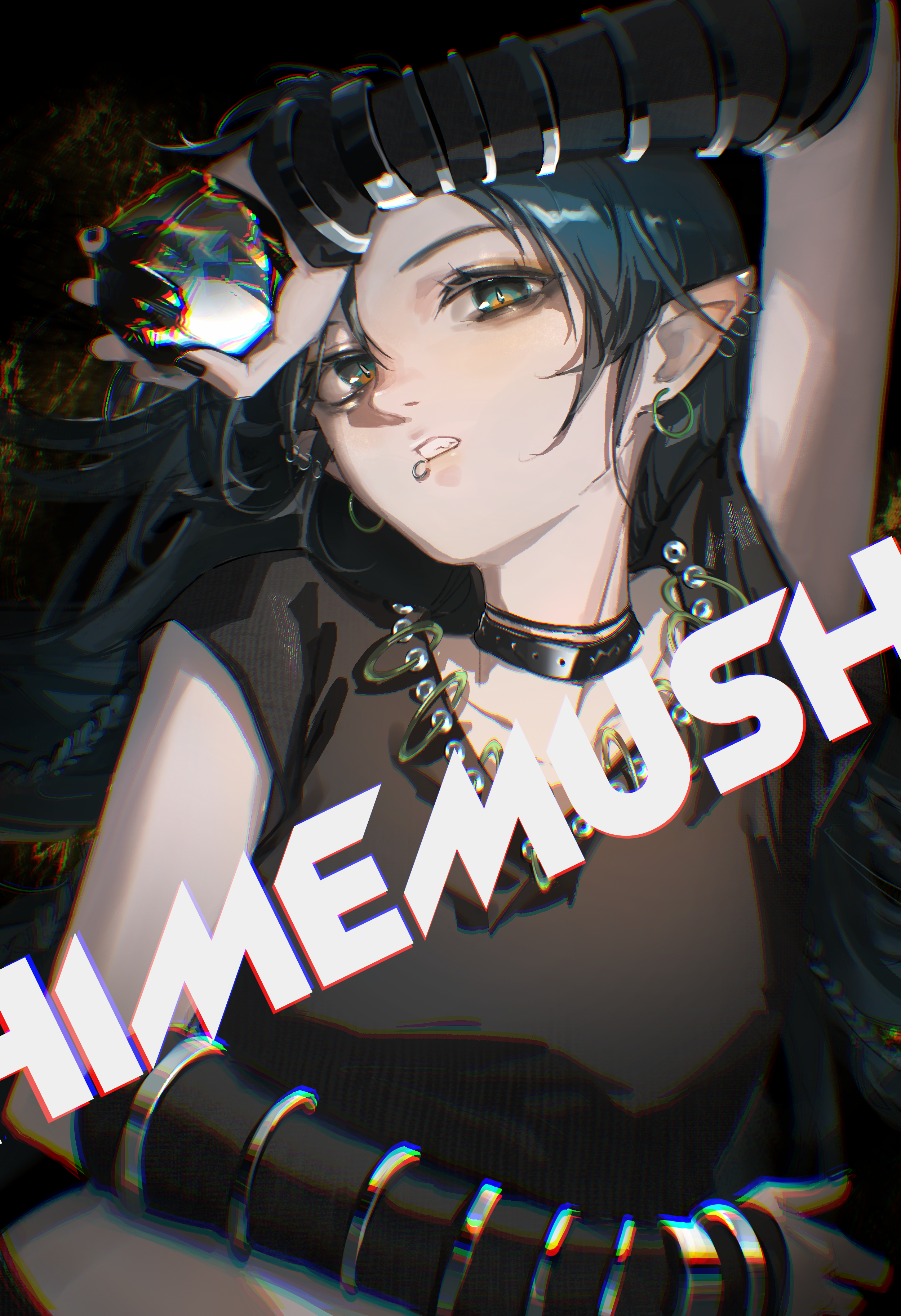 indis, himemushi momoyo, touhou, absurdres, highres, 1girl, alternate costume, black choker, black nails, black shirt, bracelet, choker, collarbone, ear piercing, earrings, face piercing, gem, green eyes, green hair, grin, holding, holding gem, jewelry, lip piercing, lip ring, long hair, multiple bracelets, nail polish, piercing, pointy ears, shirt, smile, solo, t-shirt, teeth, upper body