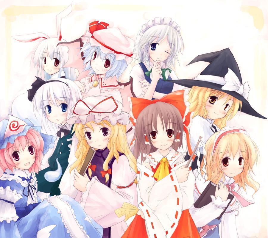 yukitarou (awamori), alice margatroid, hakurei reimu, izayoi sakuya, kirisame marisa, konpaku youmu, reisen udongein inaba, remilia scarlet, saigyouji yuyuko, yakumo yukari, touhou, jpeg artifacts, 6+girls, animal ears, blonde hair, female focus, hat, mob cap, multiple girls, rabbit ears, triangular headpiece, witch, witch hat