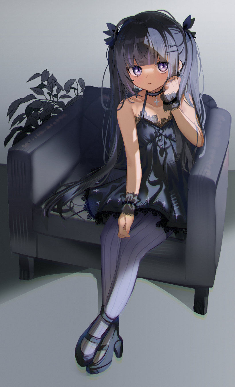 d omm, original, highres, 1girl, :/, arm rest, bare arms, bare shoulders, black choker, black dress, black hair, black shoes, blunt bangs, bow, buttons, choker, closed mouth, couch, crossed ankles, dress, flat chest, full body, grey pantyhose, hair bow, hair ornament, hairclip, hand to head, hand up, high heels, indoors, lace, lace-trimmed dress, lace trim, legs together, long hair, looking at viewer, on couch, pantyhose, plant, purple eyes, shadow, shoes, short dress, sitting, solo, striped clothes, striped pantyhose, twintails, vertical-striped clothes, vertical-striped pantyhose, very long hair, wrist cuffs