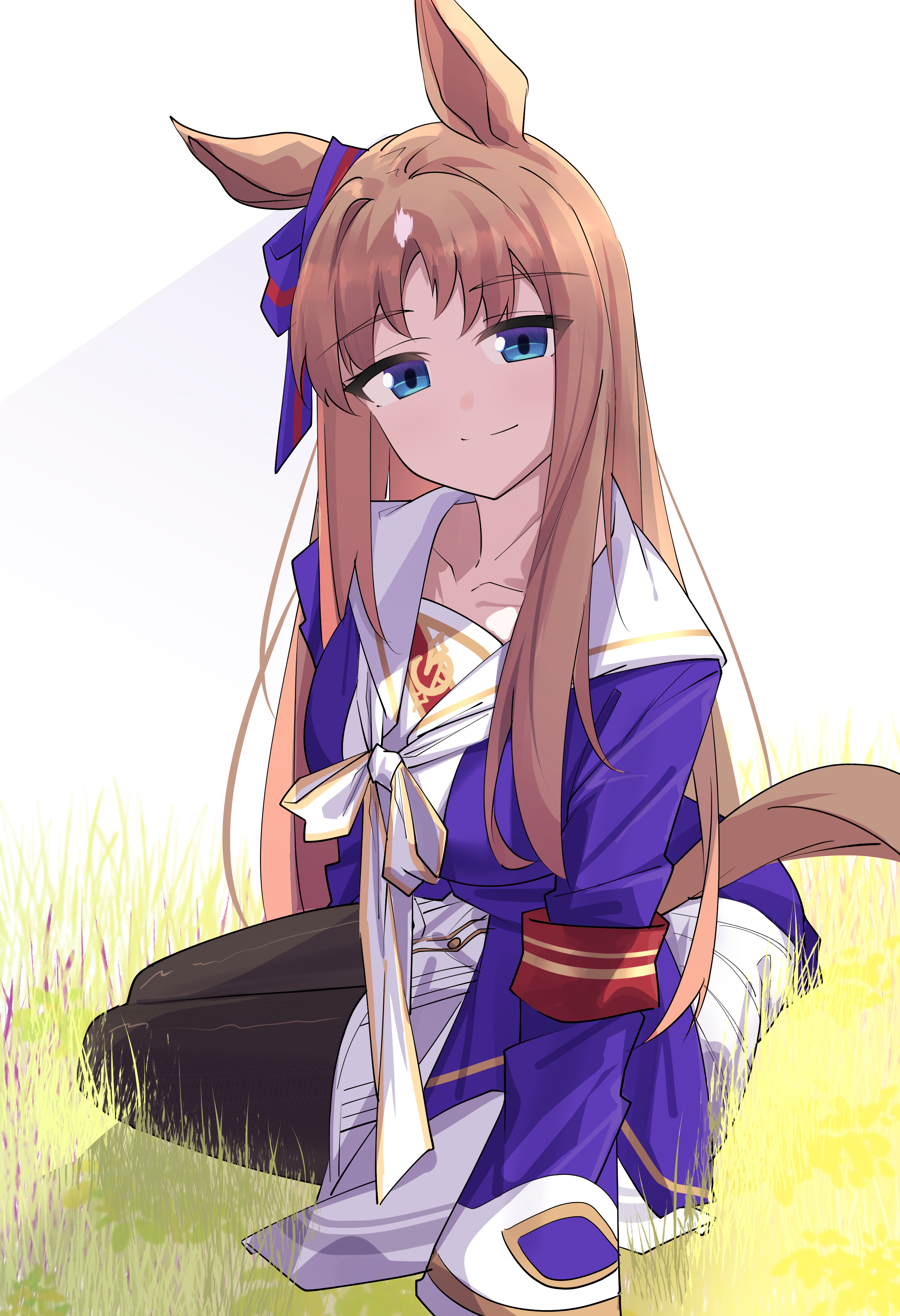 yorozuya (yoroz ryobi), grass wonder (umamusume), umamusume, absurdres, highres, 1girl, animal ears, armband, black pantyhose, blue eyes, blue jacket, bow, brown hair, closed mouth, collarbone, dress, ear bow, ear ornament, ear ribbon, grass, horse ears, horse girl, horse tail, jacket, long hair, long sleeves, looking at viewer, multicolored hair, pantyhose, red armband, sailor collar, simple background, sitting, smile, solo, tail, white background, white dress, white hair, white sailor collar, yokozuwari