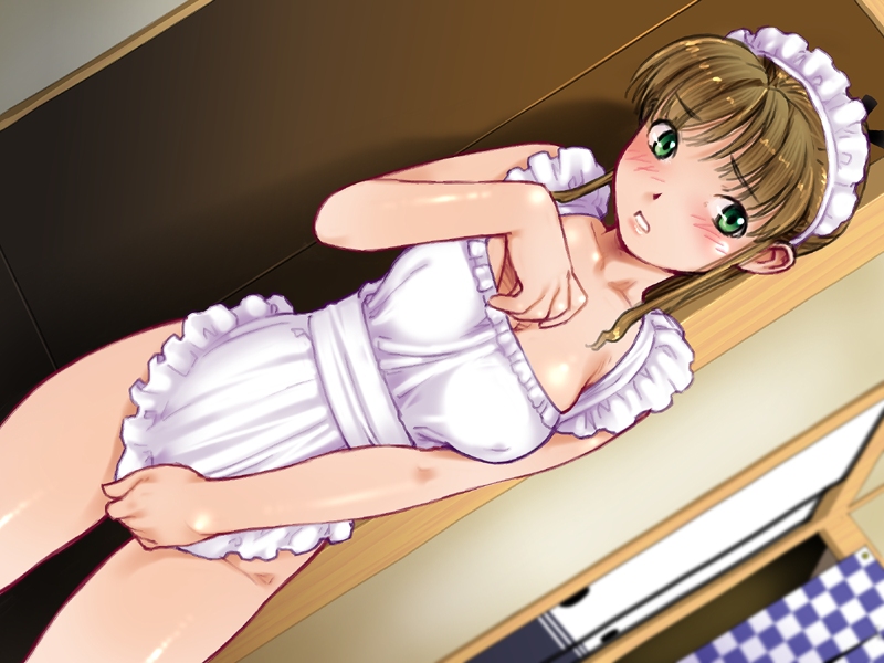 kiriyama taichi, nagisa (maid in heaven), maid in heaven, maid in heaven supers, game cg, 00s, 1girl, apron, blush, brown hair, dutch angle, embarrassed, female focus, green eyes, maid, maid apron, naked apron, solo, standing