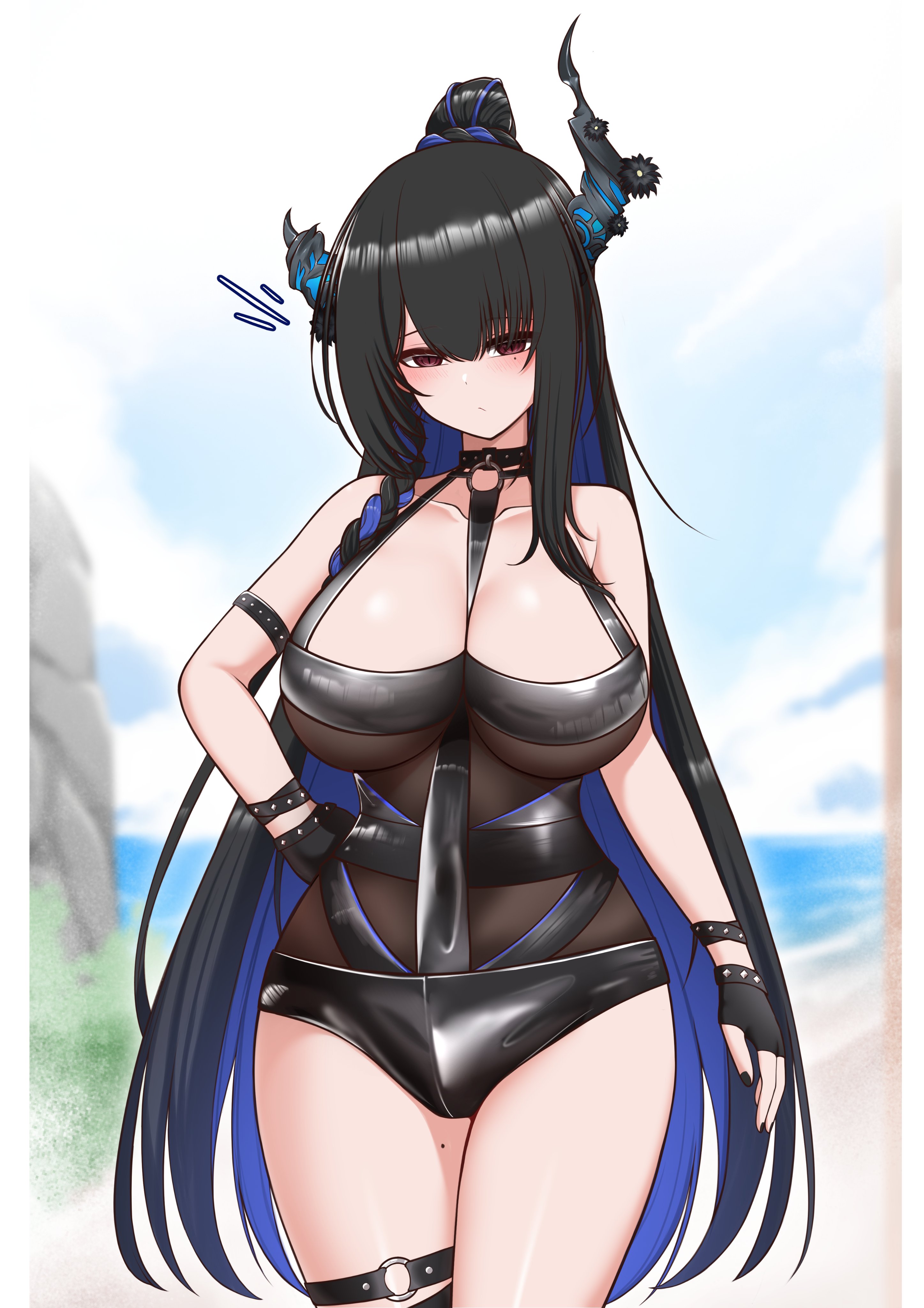 frokiya, nerissa ravencroft, hololive, hololive english, absurdres, highres, 1girl, asymmetrical horns, bare shoulders, bikini, black bikini, black hair, black horns, blue hair, blurry, blurry background, breasts, cowboy shot, high ponytail, horns, huge breasts, long hair, mole, mole under eye, ponytail, purple eyes, solo, swimsuit, uneven horns, very long hair, virtual youtuber