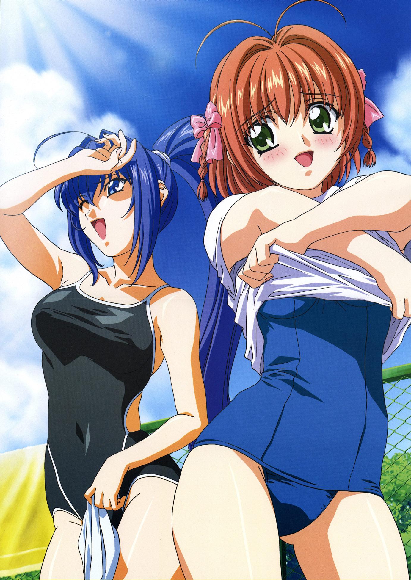 hayase mitsuki, suzumiya haruka, kimi ga nozomu eien, highres, 00s, 2girls, antenna hair, blue eyes, blue hair, clothes lift, competition school swimsuit, competition swimsuit, long hair, multiple girls, no pants, old school swimsuit, one-piece swimsuit, school swimsuit, shirt lift, swimsuit, swimsuit under clothes, undressing