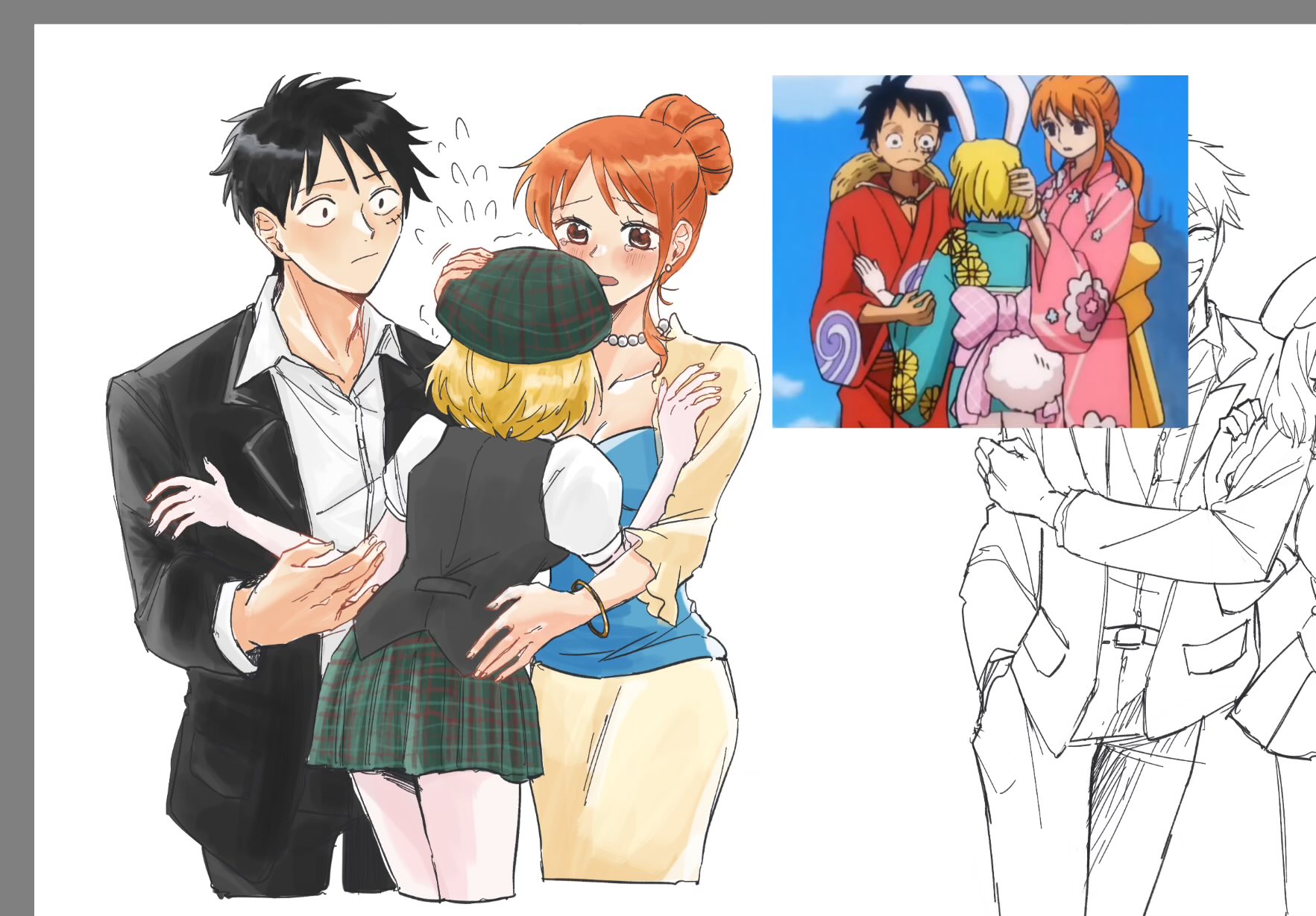 keke (kkmaro), carrot (one piece), monkey d. luffy, nami (one piece), one piece, commentary, english commentary, highres, 1boy, 2girls, alternate costume, anime screenshot inset, bangle, black hair, black jacket, black pants, blonde hair, blue shirt, blush, bracelet, breasts, brown eyes, checkered clothes, checkered skirt, cleavage, collared shirt, cowboy shot, earrings, facial scar, flying sweatdrops, hair bun, hand on another's head, hat, jacket, jewelry, long hair, looking at another, miniskirt, multiple girls, necklace, open clothes, open jacket, open shirt, orange hair, pants, pearl earrings, pearl necklace, reference inset, scar, scar on cheek, scar on face, shirt, simple background, single sidelock, skirt, white background, white shirt