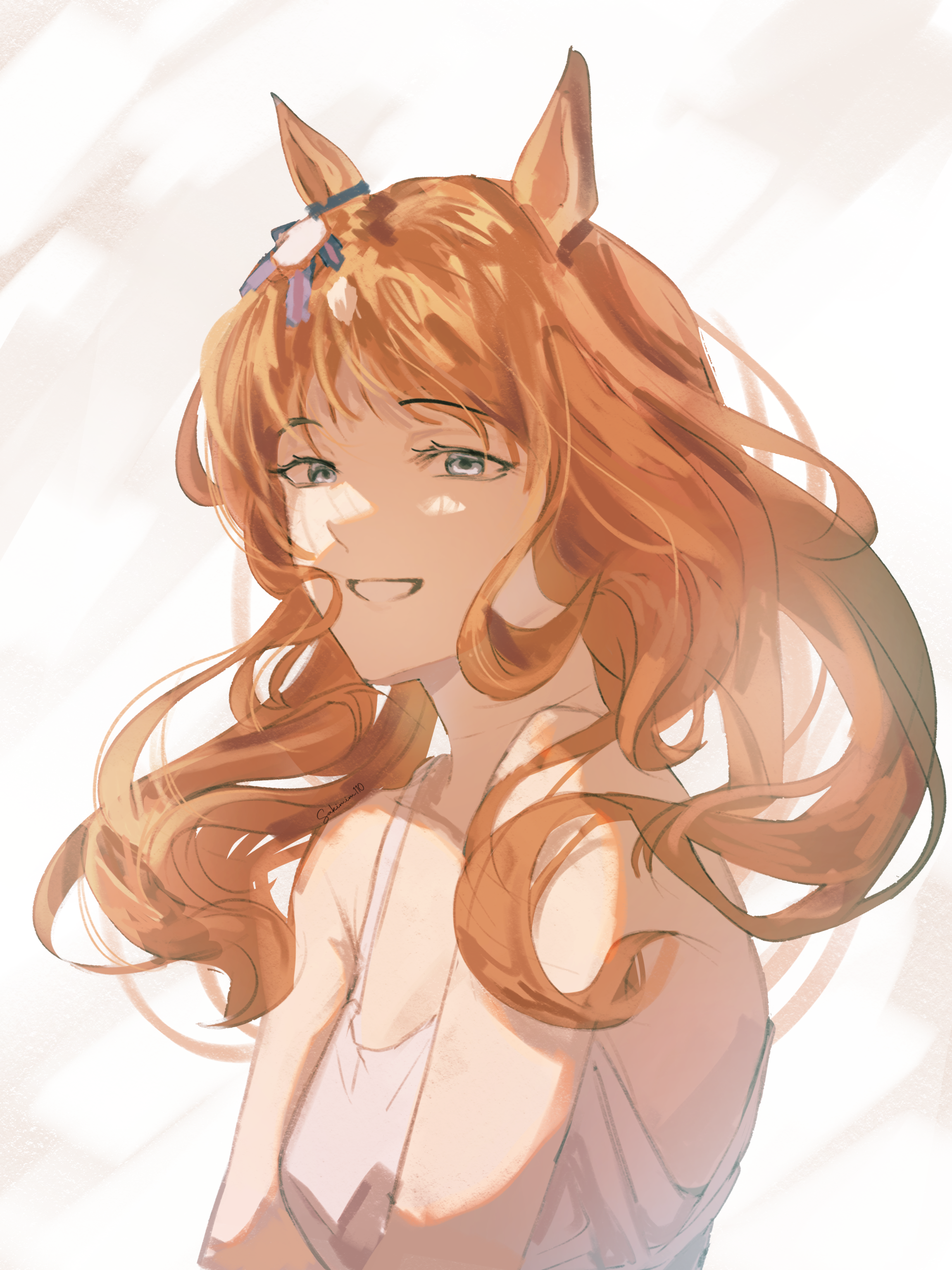 sakimim, grass wonder (umamusume), umamusume, absurdres, highres, 1girl, animal ears, bare shoulders, blue eyes, bow, brown hair, collarbone, dress, ear bow, ear ornament, ear ribbon, horse ears, horse girl, long hair, looking at viewer, multicolored hair, open mouth, simple background, sleeveless, sleeveless dress, smile, solo, teeth, upper body, white background, white dress, white hair
