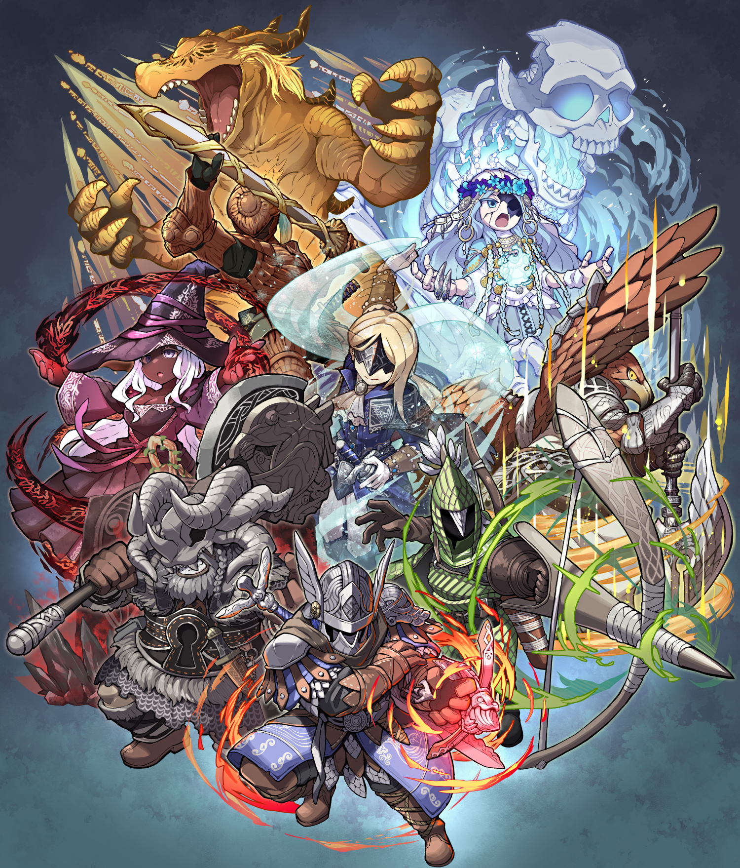 gunjima souichirou, duchess (elden ring), executor (elden ring), guardian (elden ring), ironeye (elden ring), raider (elden ring), recluse (elden ring), revenant (elden ring), wylder (elden ring), elden ring, elden ring nightreign, 3girls, 5boys, multiple boys, multiple girls